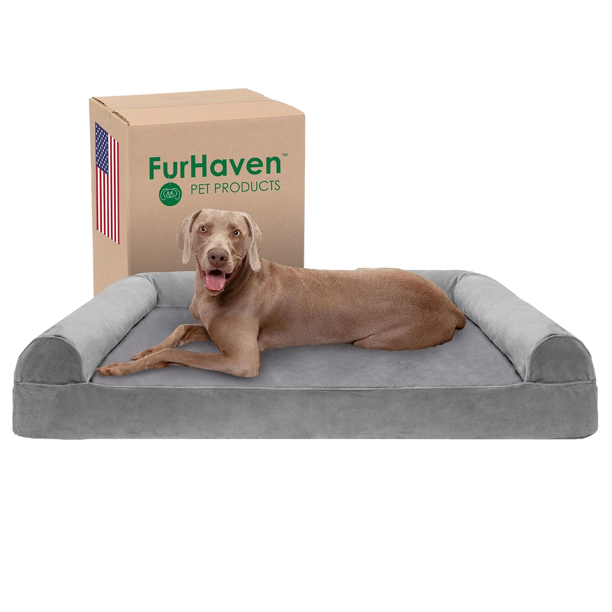 Furhaven Cama Ortopédica Estilo Sofá de Terciopelo y Piel Sintética para Perros