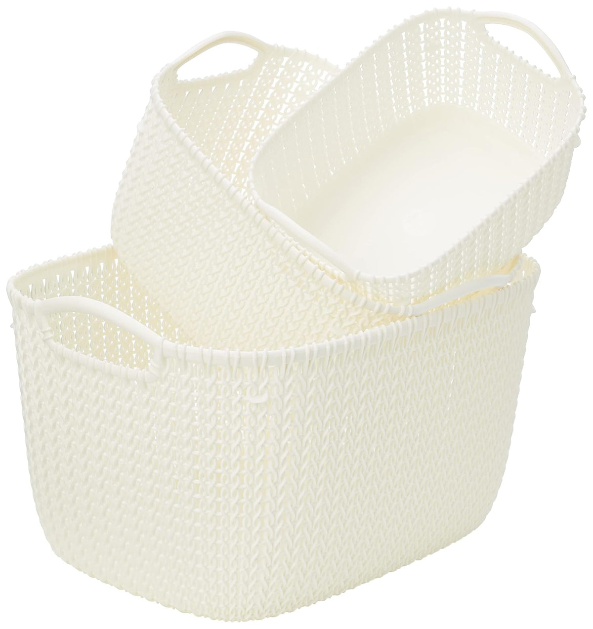 Curver - Set de 3 Canastas Knit, Juego de 3 Cestas De Plástico Estilo Ratán, L + S + XS, Organizadoras, Multiusos, Blanco Oasis