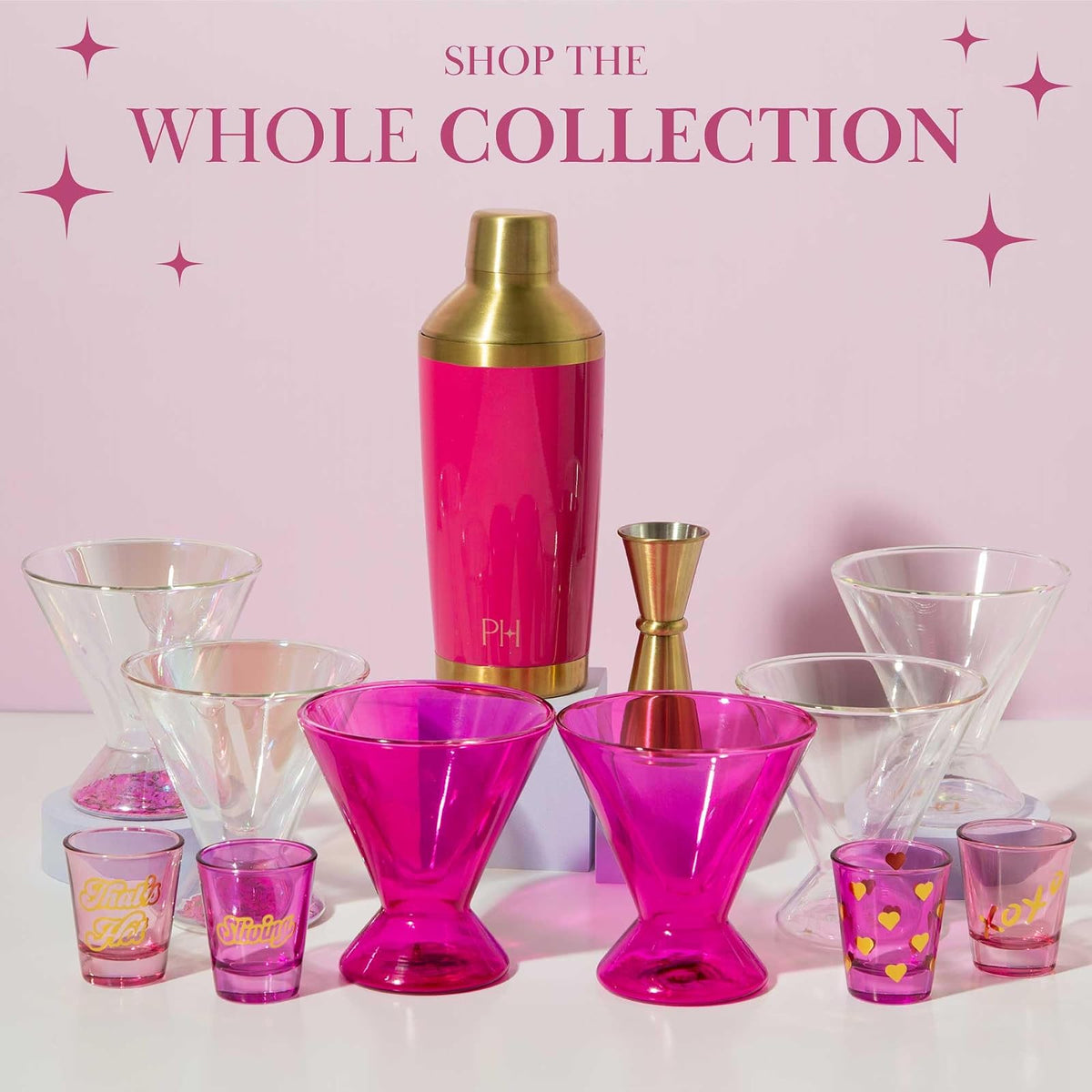 Paris Hilton - Juego de 2 piezas, diseño de vidrio de doble pared, para martinis, cócteles, cosmopolitanos, margaritas, 207 ml, 7 onzas, iridiscente con corazones de purpurina