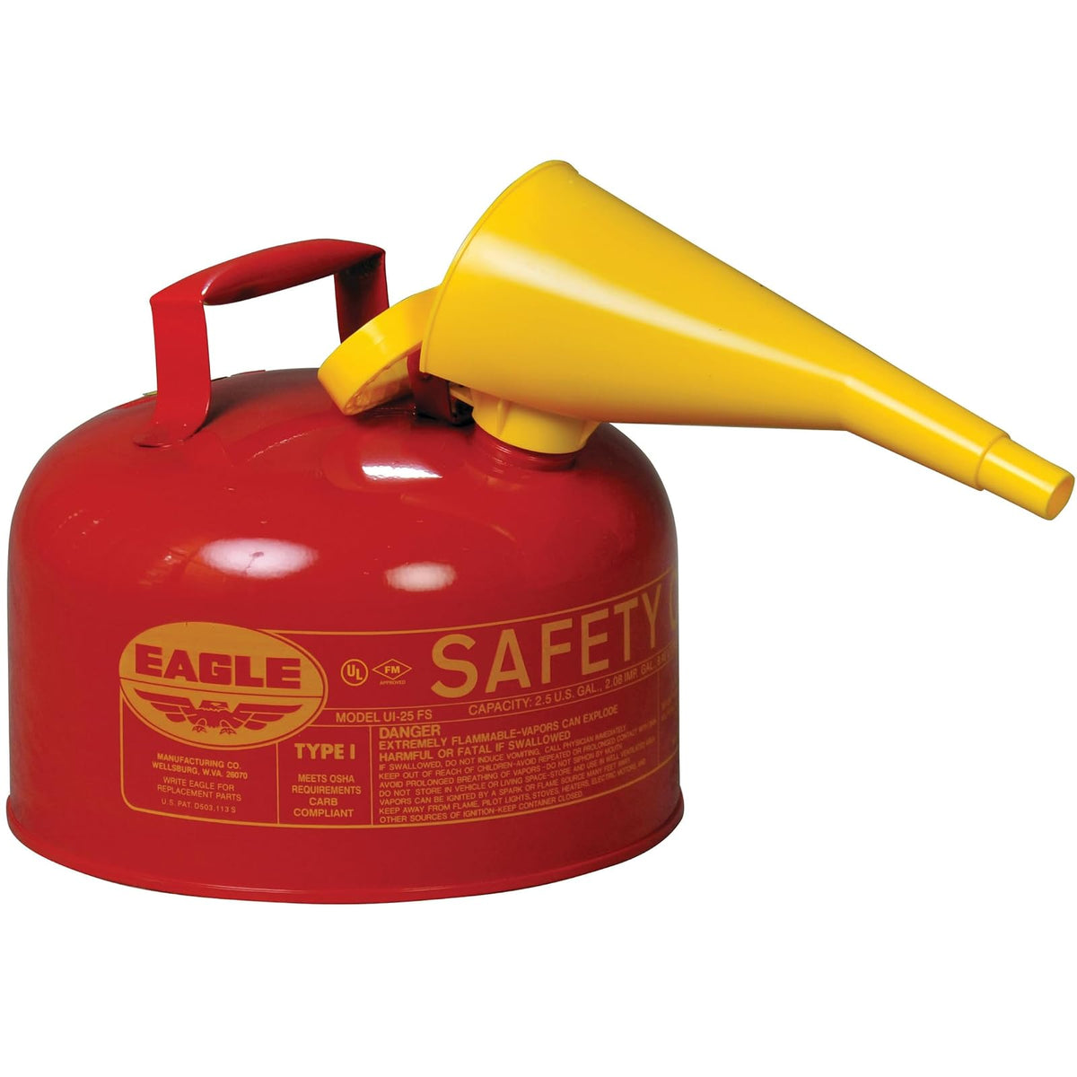 Eagle Lata de Seguridad para Gasolina, Acero Galvanizado con Embudo - Rojo - 9.47 L - Lata de seguridad