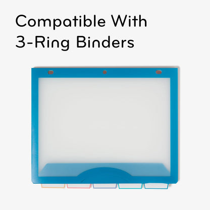 U Brands - Divisores de carpeta de tres anillos de polietileno de 5 pestañas con pestañas y bolsillos, vista clara, juego de 10, colores , divisores de bolsillo perforados de 3 agujeros