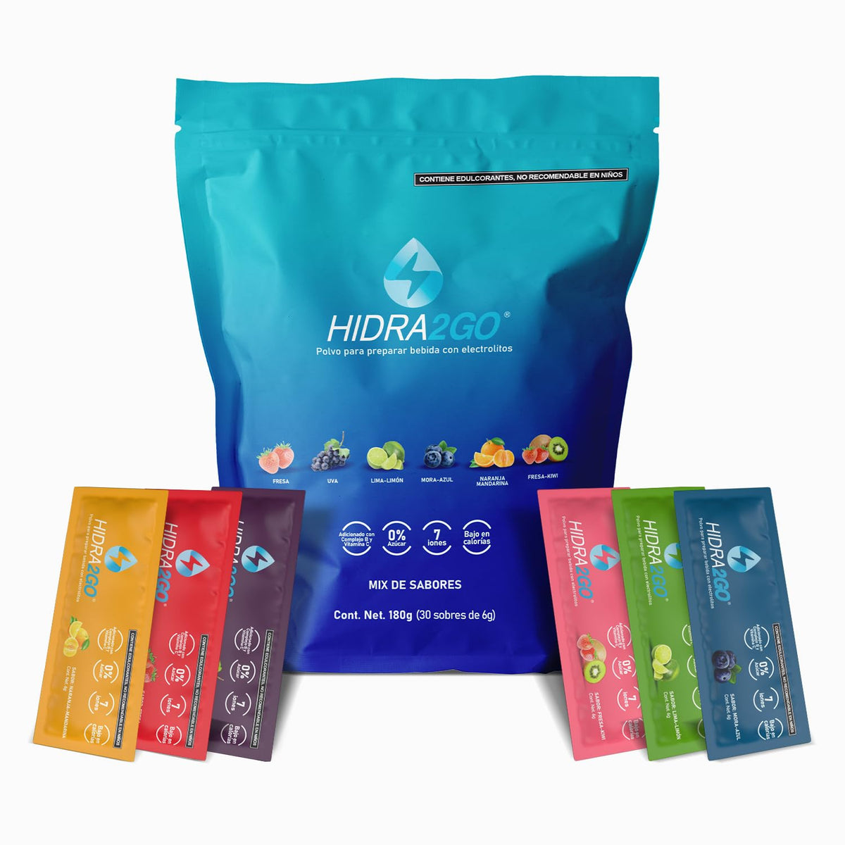 Hidra2go, Electrolitos Sin Azucar, Con Vitamina C, Complejo B, Magnesio Y Potasio, Bolsa Con 30 Sobres, Sabores Mixtos