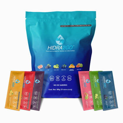 Hidra2go, Electrolitos Sin Azucar, Con Vitamina C, Complejo B, Magnesio Y Potasio, Bolsa Con 30 Sobres, Sabores Mixtos