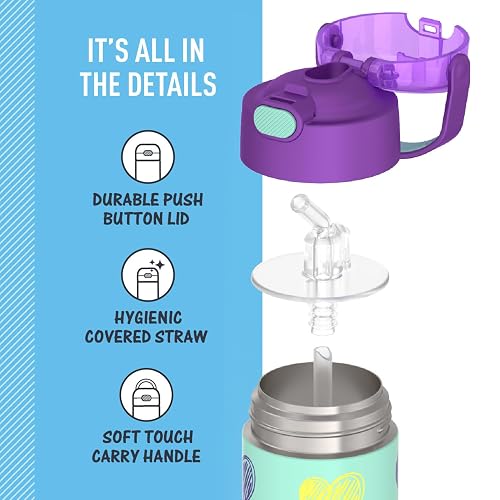 THERMOS FUNTAINER - Botella de agua con popote - 12 onzas - Botella de agua aislada al aspiradora para niños con tapa, corazones