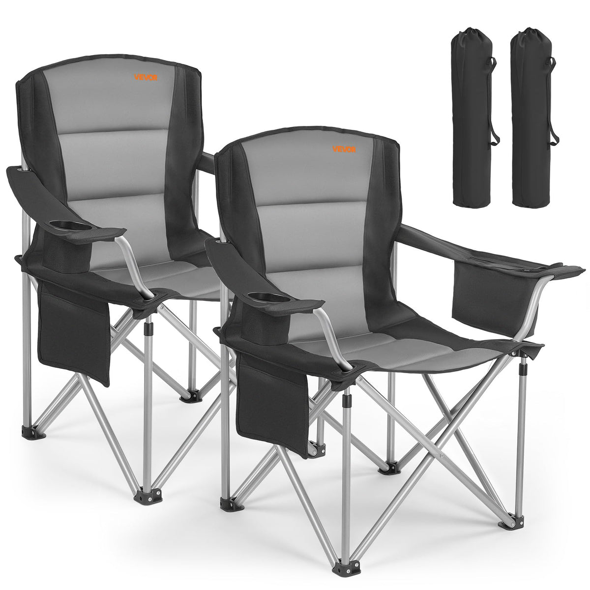 VEVOR Silla de Camping Plegable Grande Capacidad Máxima de 204 kg, Paquete de 2, Silla de Camping Portátil con Respaldo, Reposabrazos Acolchados, Bolsa térmica, Portavasos y Bolsillo para Exteriores