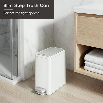 EKO - Cubeta de basura pequeña y delgada para baño con tapa, de acero inoxidable, con cubeta interior extraíble, 6 L / 1.6 Gal, escalonado (blanco)