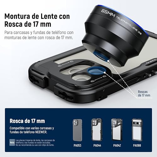 NEEWER HD 65mm Telefoto Phone Camera Lens con Parasol Solo para 17mm Rosca Placa Trasera Phone Cage Case, 1.7X Zoom Accesorio Lente Compatible con iPhone 16, 15, S25, S24 Ultra, Android, LS-66