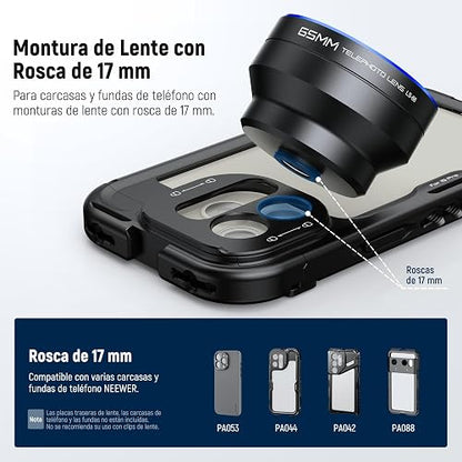 NEEWER HD 65mm Telefoto Phone Camera Lens con Parasol Solo para 17mm Rosca Placa Trasera Phone Cage Case, 1.7X Zoom Accesorio Lente Compatible con iPhone 16, 15, S25, S24 Ultra, Android, LS-66