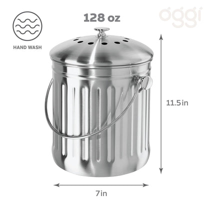 Oggi - Contenedor de compostaje para encimera con Tapa de 1 galón para Interior con Filtro de carbón, contenedor de compostaje de Acero Inoxidable, cubeta Ideal para Cocina y Productos ecológicos