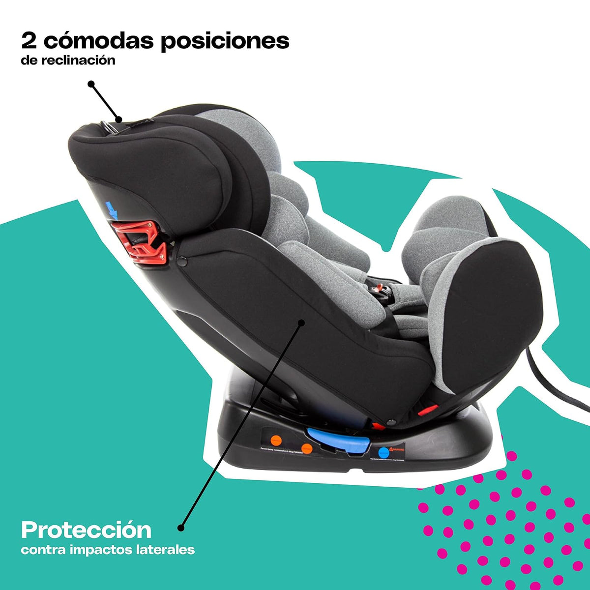 Cosco Autoasiento Progress con arnés de 5 puntos, protectores de hombro y entrepierna. Protección contra impacto lateral. Para orientación en contra y a favor de la marcha, ajustable en 9 posiciones y 2 de reclinación