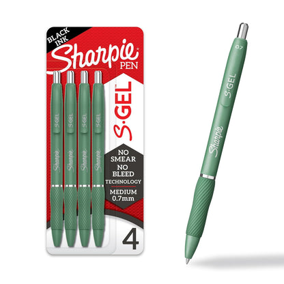 Sharpie S-Gel Bolígrafos de gel, barril verde, tinta negra, punta media (0.7 mm), 4 unidades - Para el hogar, oficina, universidad, diario, dibujo, toma de notas, escritura
