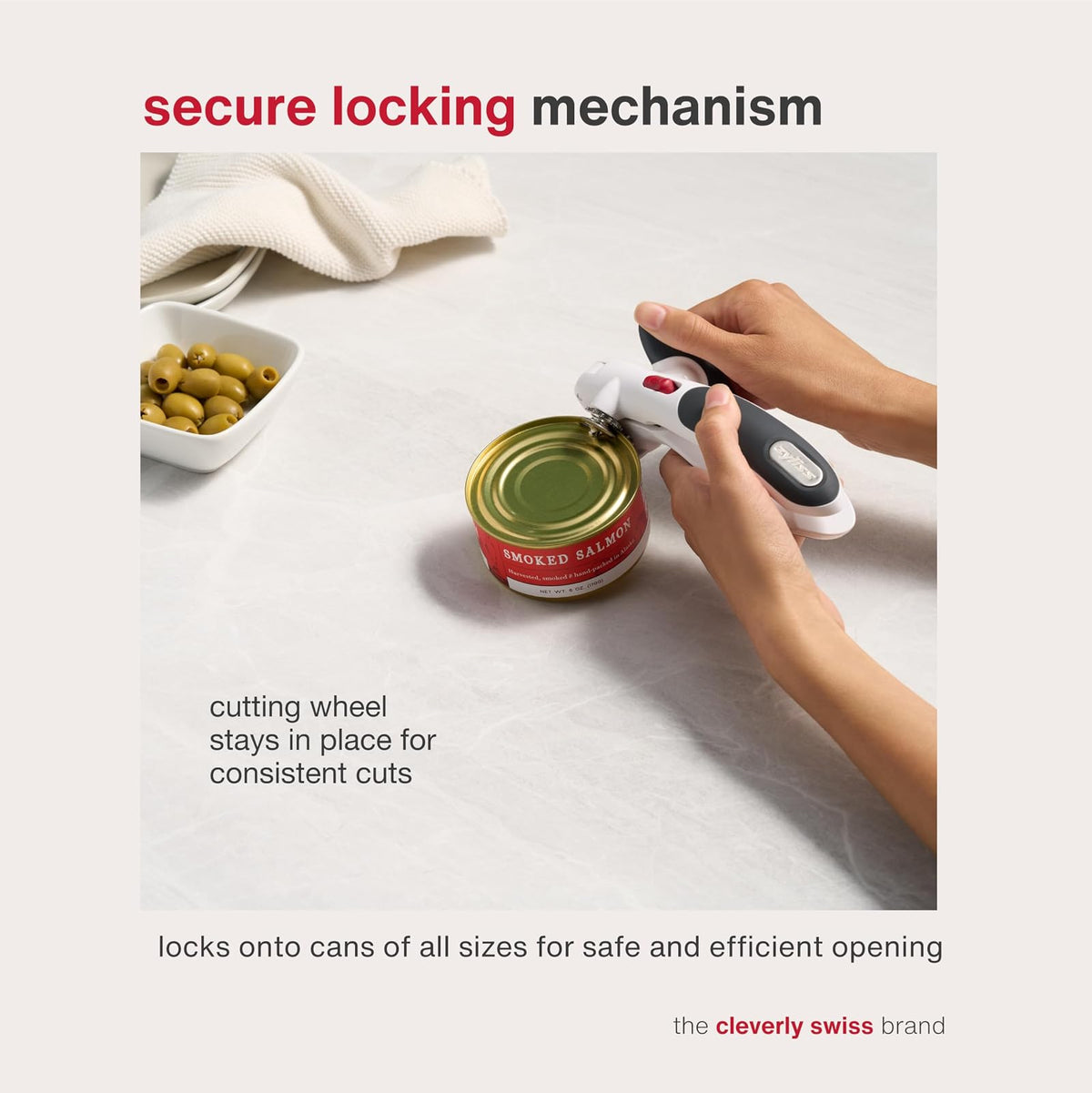 Zyliss Lock N' Lift Can Opener - Manual Can Opener with Locking Mechanism - Safe Magnetic Can Opener - Easy-to-Turn Can Opener - White/Gray