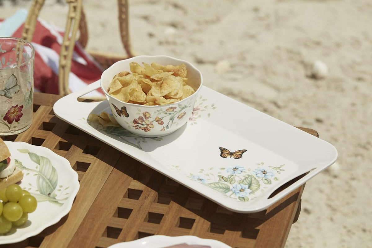 Lenox Plato llano con diseño de mariposa y pradera, melamina , Bandeja Hors D'Oeuvres, Blanco