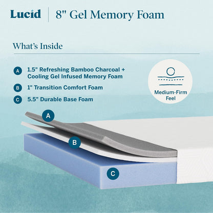 Lucid - Colchón Matrimonial de Memory Foam con Gel y Bambú - 20 cm - Colchón Firme - Funda Lavable y Transpirable - Compatible con Bases Ajustables - Ideal para Cualquier Recámara