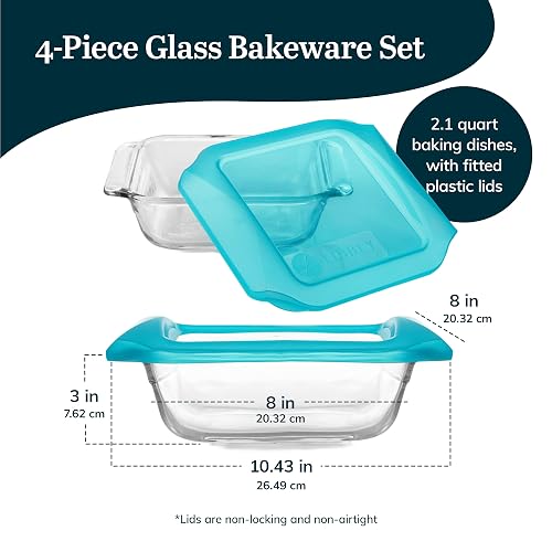 Libbey Baker's Premium - Juego de 2 platos de vidrio para hornear de 8 x 8 pulgadas con tapas, utensilios apilables con asas GreatGrip, platos cuadrados cubiertos duraderos