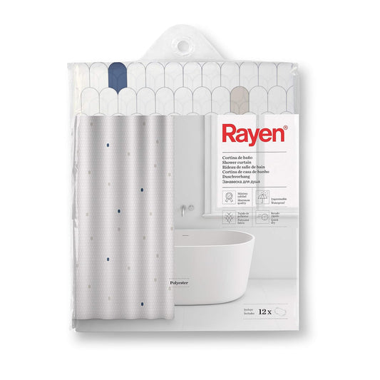 RAYEN | Cortina de Baño 180 x 200 cm | Impermeable | Poliéster de Secado rápido | Incluye 12 Ganchos | Diseño Blanco con Celdas Azules