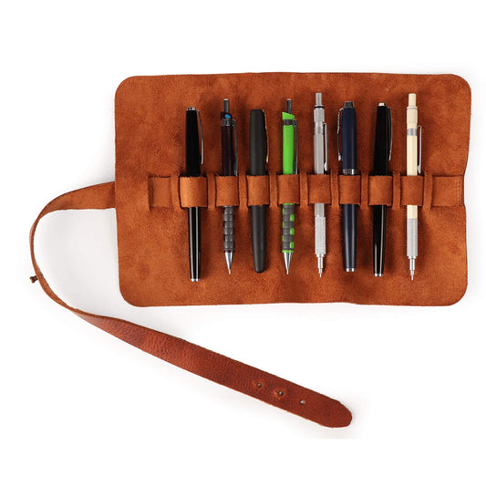 Londo - Estuche de piel auténtica para lápices y lápices retro, cierre de metal a presión, bolsa de papelería
