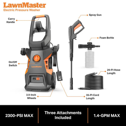 LawnMaster LT506 - Lavadora a presión eléctrica 2300 MAX PSI Certificado | Botella de detergente de 13 amperios, 1.4 GPM