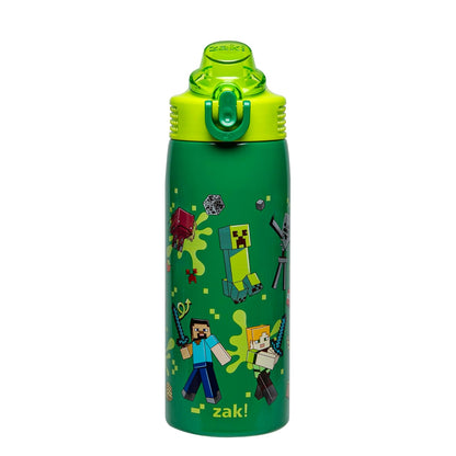 Zak Designs Botella de Agua Infantil de Acero Inoxidable con Popote - 0.6 Litros - minecraft