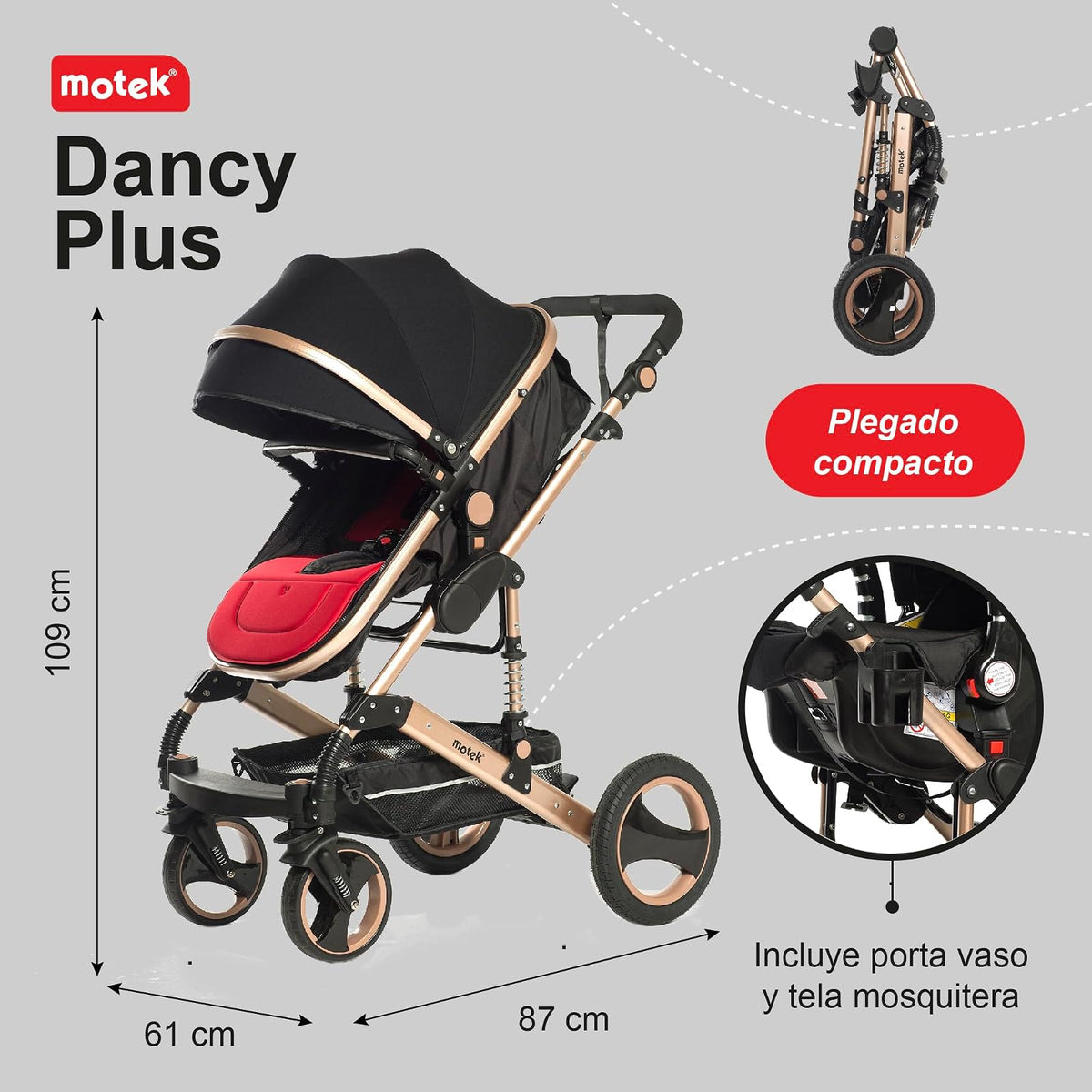 Carriola Bebe Motek Dan Plus 3 en 1 Portabebe Aluminio Negro