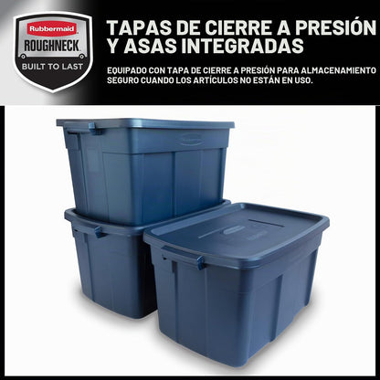 Rubbermaid Roughneck - Bolsa de 31 galones, paquete de 3, fabricado en Estados Unidos, metal índigo oscuro, contenedores de almacenamiento apilables de plástico resistente con tapas y asas