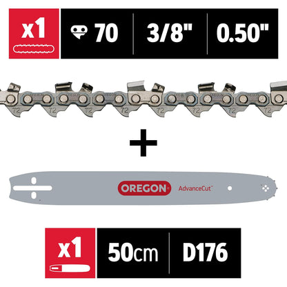 Oregon AdvanceCut Combo Barra y Cadena de Motosierra | 50.8 cm, paso 3/8 pulgadas, calibre 0.04 pulgadas, 70 eslabones, compatible múltiples marcas
