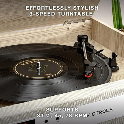 Victrola Century - Tocadiscos Bluetooth 6 en 1 - Natural Centro Musical de Mediados de Siglo Reproduce Vinilo, CD, Casete y Auxiliar, VINYLSTREAM transmite Discos a Altavoces Bluetooth