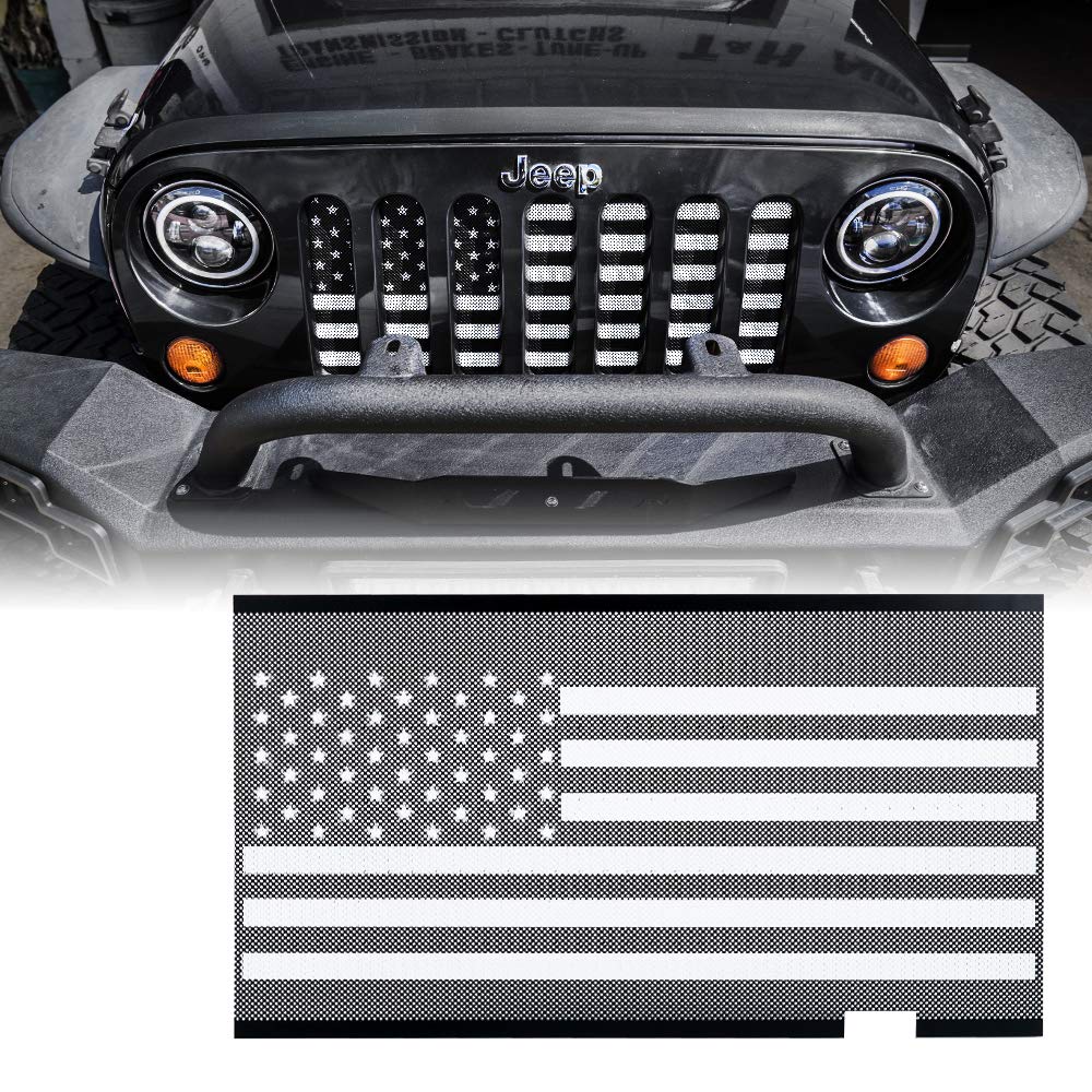 Xprite - Rejilla de aleación de aluminio con bandera de Estados Unidos en blanco y negro compatible con Jeep Wrangler JK Stock Grille 2007-2018