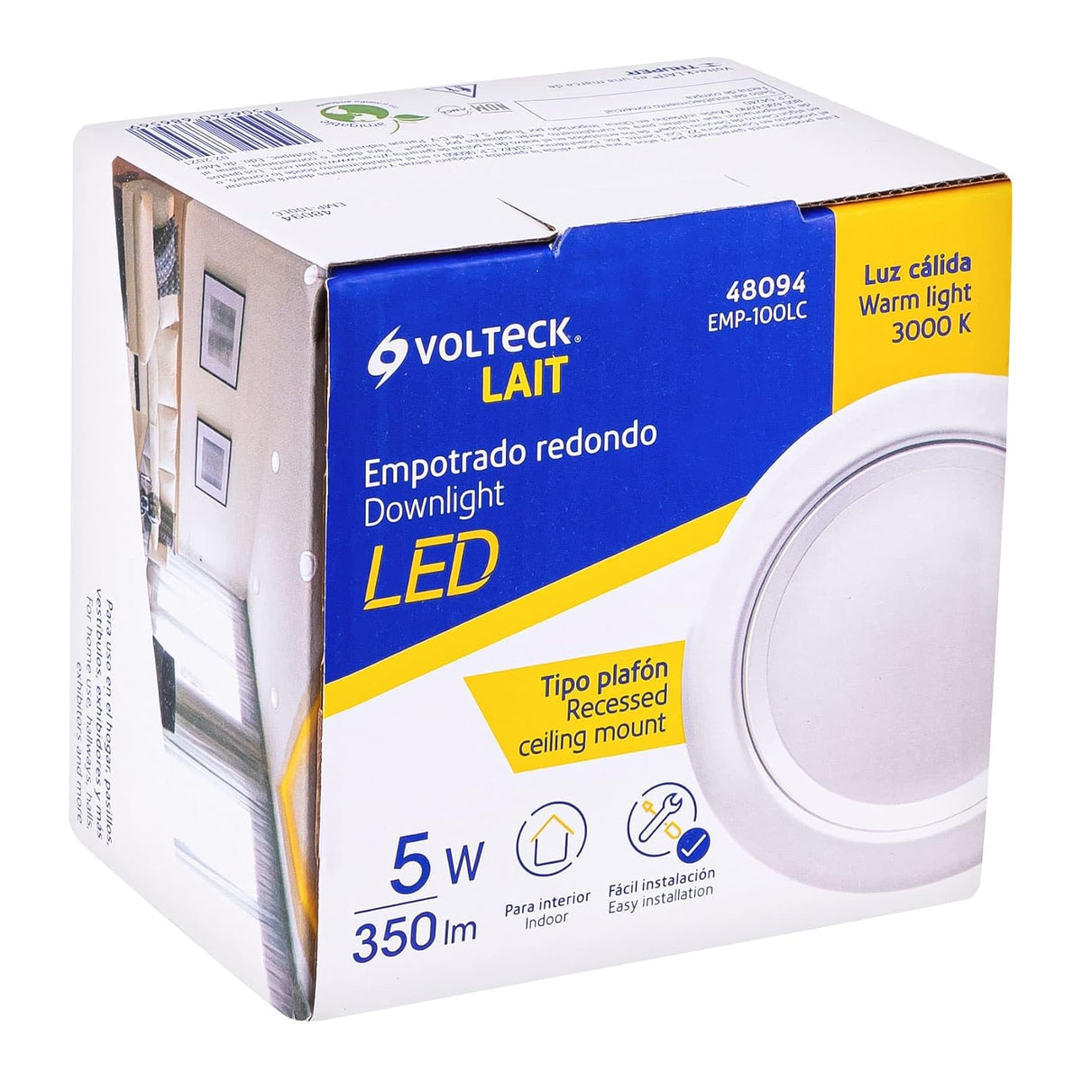 Volteck Lait EMP-100LC, Luminario LED empotrable de 5 W, luz blanca cálida 3000K, redondo, color blanco