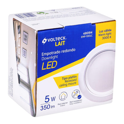 Volteck Lait EMP-100LC, Luminario LED empotrable de 5 W, luz blanca cálida 3000K, redondo, color blanco