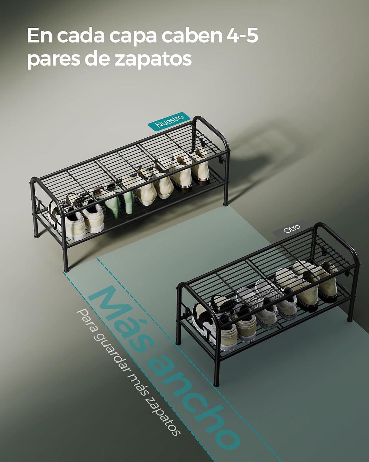 SONGMICS Zapatero, Organizador Zapatos de 2 Niveles, Estante Metálico, con 4 Ganchos, para 10 Pares, Altura Ajustable, Negro Tinta MLMR128B01