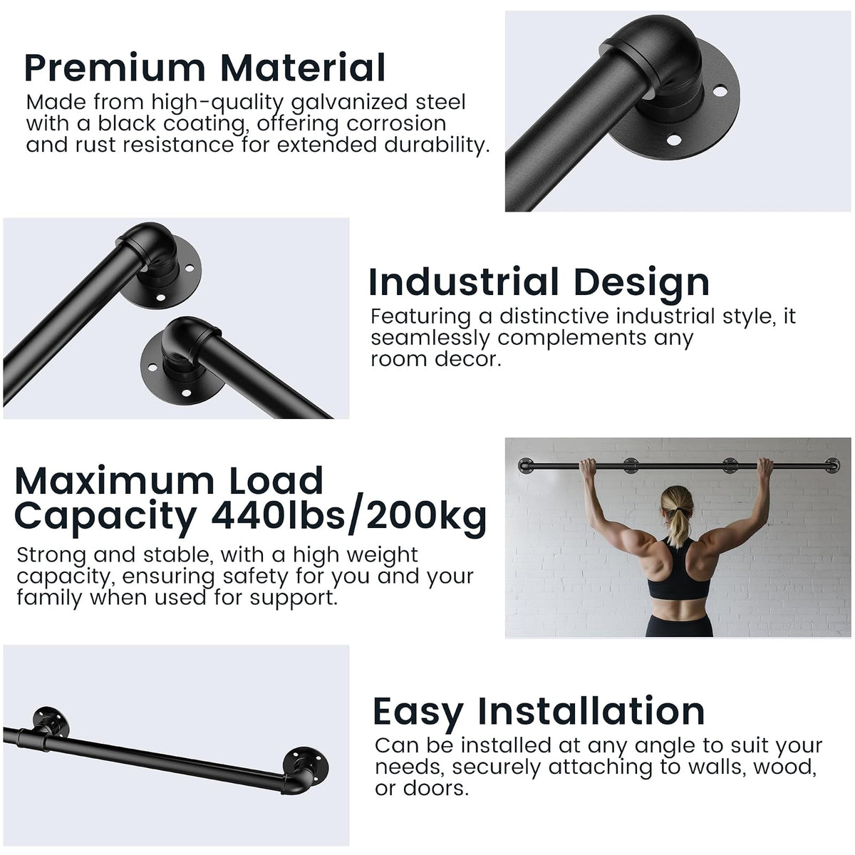 Pasamanos de escalera de tubería industrial, de metal para montaje en pared para escalones interiores y exteriores, hierro galvanizado negro, estilo clásico de granja, soporte resistente