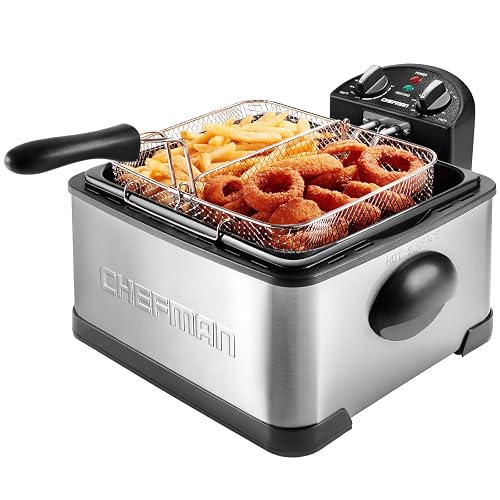 Chefman - Freidora doble Cook Pro de 4.5 L con colador de cesta y divisor extraíble, tamaño jumbo XL, temperatura ajustable y temporizador, perfecta para pollo, patatas fritas, patatas fritas y más,