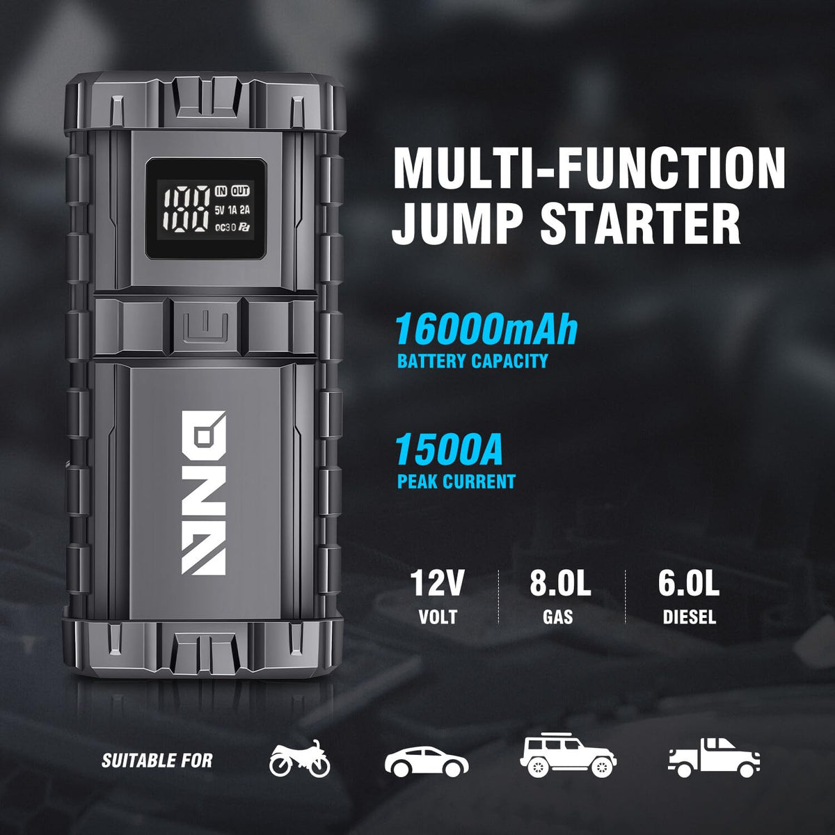 DNA Motoring Arrancador de Bateria Portatil 1500 A 16000 mAh 12 V con Funda, Negro TOOLS-00305