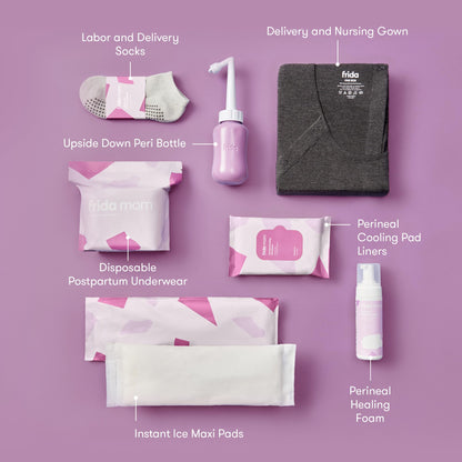 Frida Baby - Kit de embalaje Frida Mom Hospital para trabajo de parto, parto y posparto | bata de lactancia, calcetines, biberón, ropa interior desechable, maxi almohadillas de hielo