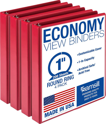 Samsill Carpeta de 3 anillas de 1.5 pulgadas, fabricada en Estados Unidos, anillo redondo económico, cubierta de visión transparente, capacidad de 325 hojas, para escuela, hogar, oficina, negro, - Rojo - - 4 paquetes - 1 pulgada