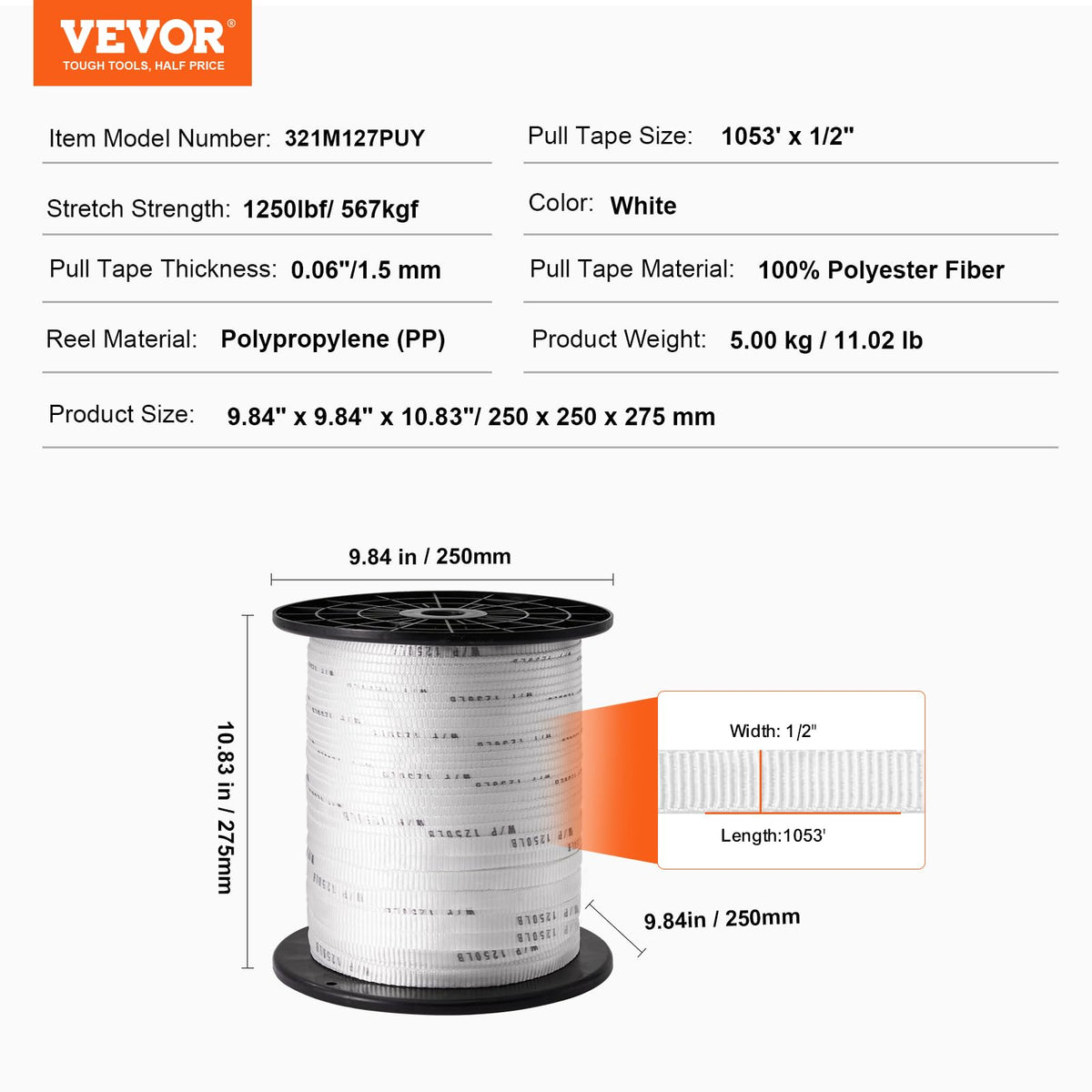 VEVOR Cinta de tracción de poliéster 1/2" x 1053', Cuerda Plana Tipo Mule, 1250 lbf, Cinta de tracción de Cable Impresa para Embalaje, instalaciones eléctricas comerciales y conductos, Blanca