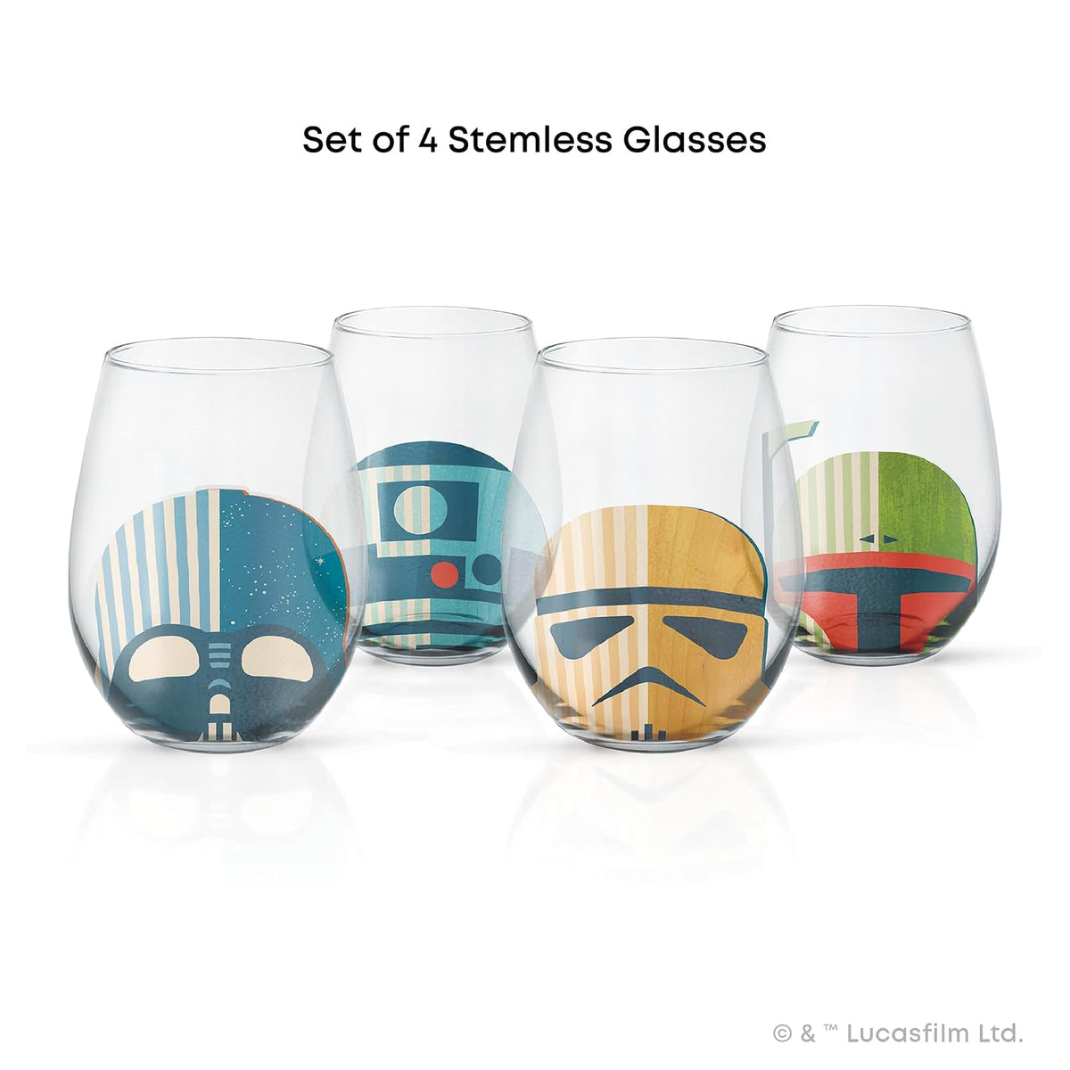 JoyJolt Star Wars™ Helmet Hues - Juego de 4 Vasos de Cristal Sin Tallo de 19oz, Coleccionables y Regalos para Adultos, Vasos de Cocina Temáticos