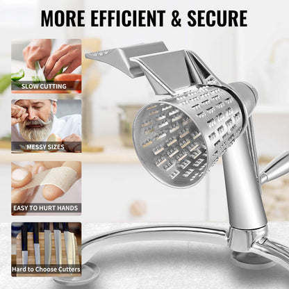 VEVOR - Rallador rotatorio de queso, mandolina rotativa de aleación de zinc, mandolina de queso manual con 5 conos de corte de acero inoxidable, rallador manual de verduras con tazón de 2,5 L, trituradora rotativa con base de succión