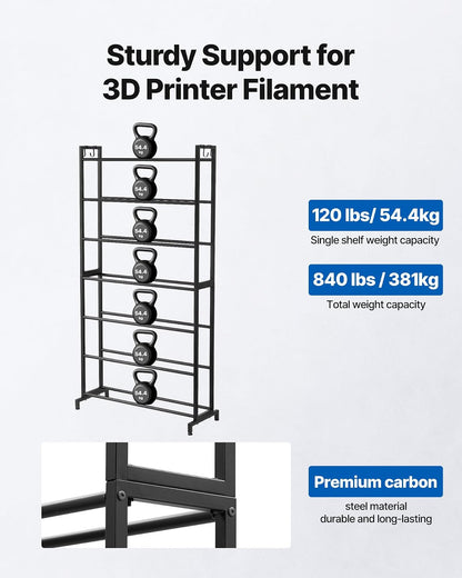 VEVOR Estante de Almacenamiento de Filamentos 7 Niveles para Impresión 3D Soporte de Metal para Carretes de Filamento 840 x 320 x 1650 mm Estante Fijo para Estudios, Talleres, Oficinas, Negro