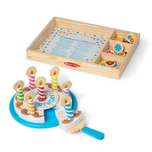 Melissa & Doug Pastel de Fiesta de Cumpleaños, Alimento de Juego, Juguete de Madera, Ingredientes para Combinar y 7 Candelas, Construcción Resistente (34 Piezas)