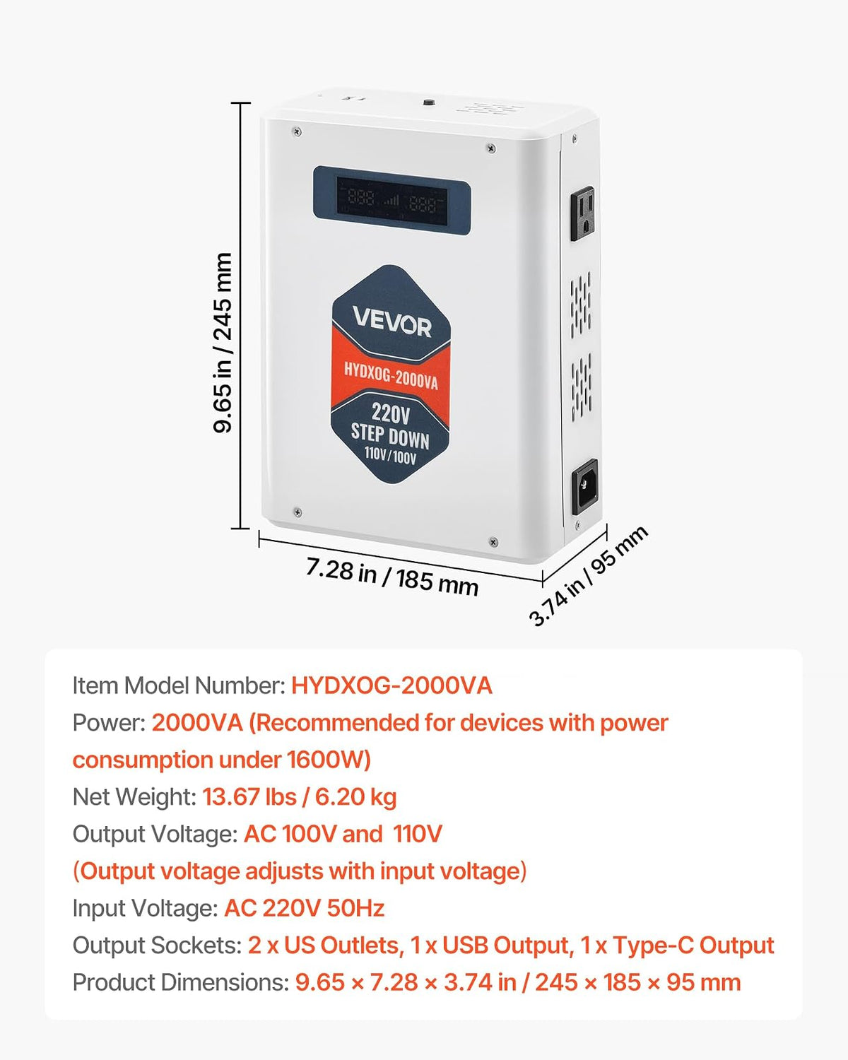 VEVOR Convertidor Reductor de Voltaje de 2000 VA, de 220 V a 110 V, de Alta Resistencia, con 2 Tomas de Corriente Estadounidenses, Salida USB, Pantalla LCD, Protección de Temperatura, Blanco