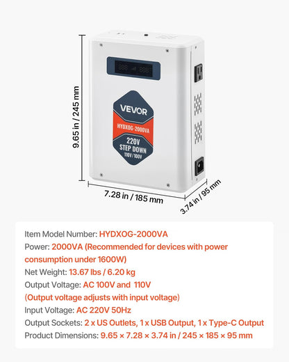 VEVOR Convertidor Reductor de Voltaje de 2000 VA, de 220 V a 110 V, de Alta Resistencia, con 2 Tomas de Corriente Estadounidenses, Salida USB, Pantalla LCD, Protección de Temperatura, Blanco