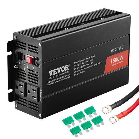 VEVOR Inversor de Onda sinusoidal modificada, 1500 W, CC 12 V a CA 120 V Inversor de Potencia con 2 Salidas de CA, 2 Puertos USB, 1 Puerto Tipo C 6 fusibles de Repuesto, para pequeños Dispositivos