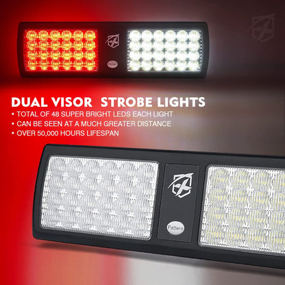 Xprite Luces estroboscópicas duales blancas/rojas visera LED, luz advertencia peligro parabrisas protector solar vehículos aplicación ley, bomberos emergencia, camiones vehículos POV