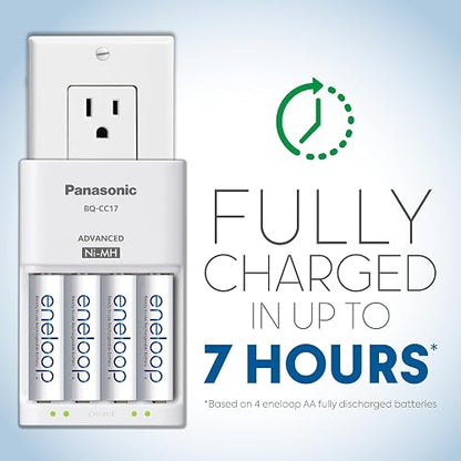 Panasonic - Cargador avanzado de baterías individuales con pilas recargables AA Eneloop, nuevas baterías recargables de 2100 ciclos, paquete de 4, blanco