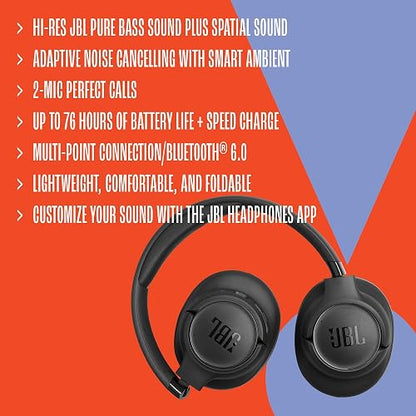 JBL Tune 780NC - Auriculares inalámbricos adaptables con cancelación de ruido con potente sonido bajo puro de alta resolución JBL y sonido espacial, con hasta 76 horas de duración de la batería, carga