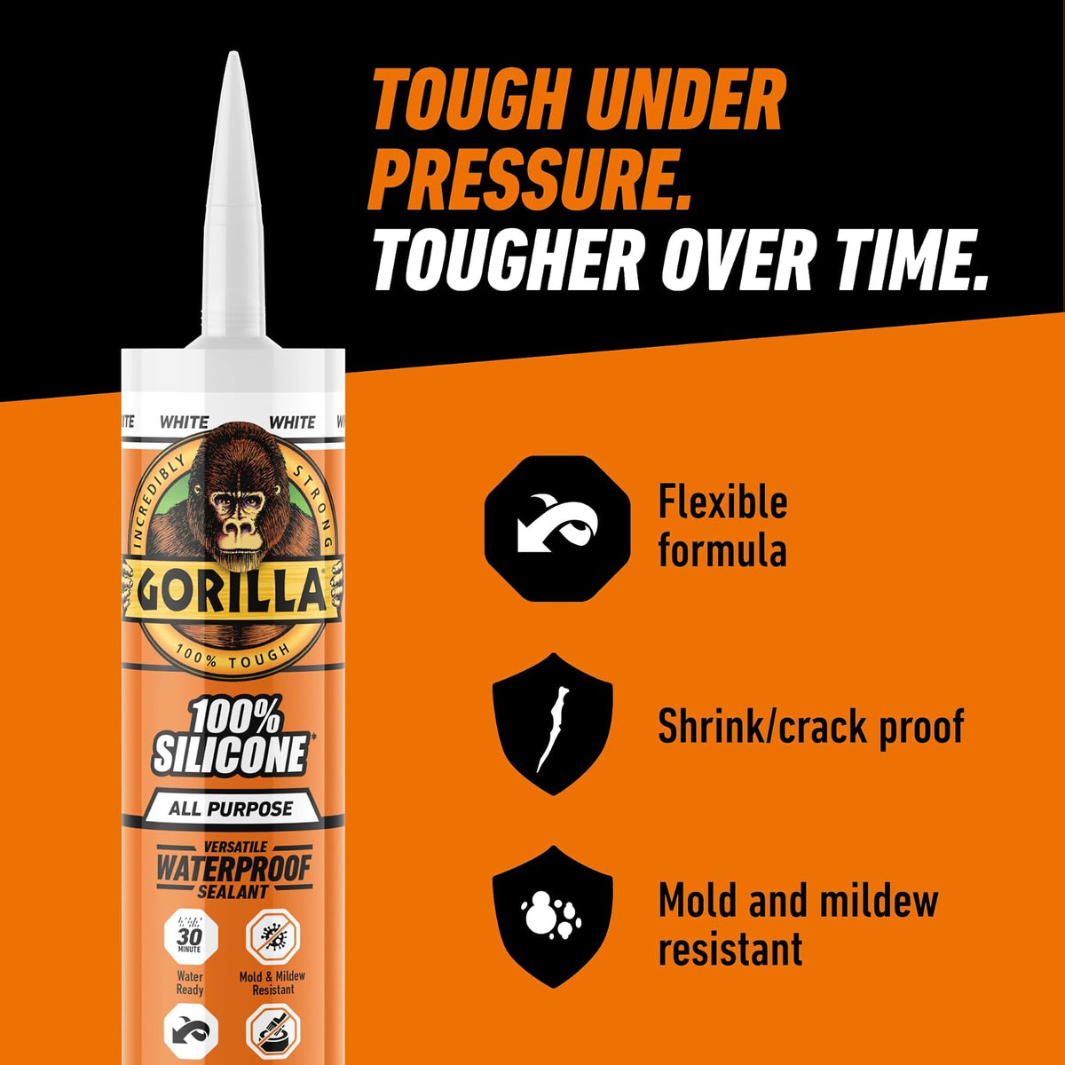 Gorilla - Sellador de silicona impermeable para calafatear y sellar, cartucho de 10 onzas (paquete de 2) - Sellador de calafateo blanco para cocina, ventana, baño, marina, puerta y más