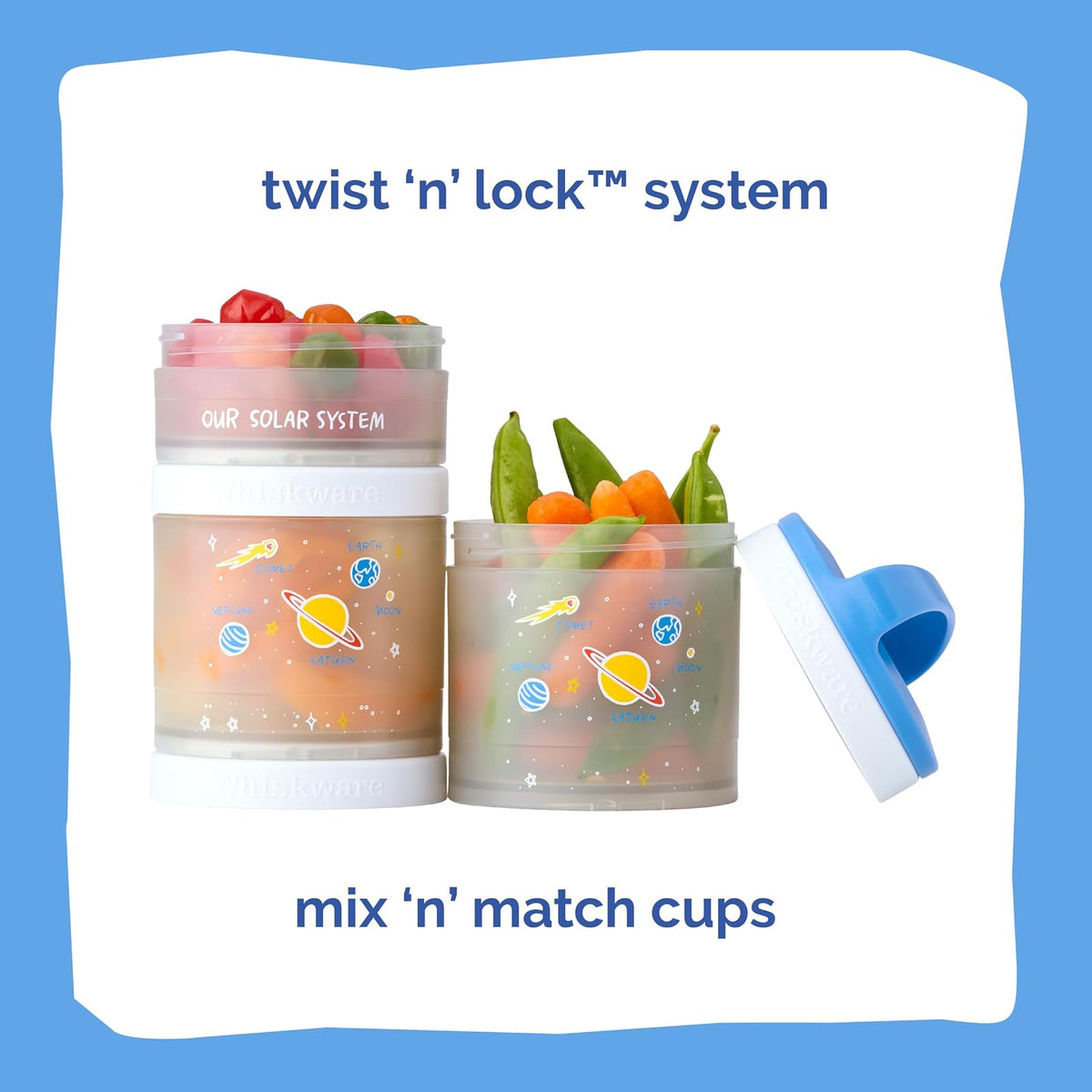 Whiskware Contenedores apilables para aperitivos, 3 tazas apilables para niños y niños, nuestro sistema solar (paquete de 1) | Apto para portavasos | Tazas apilables Twist 'n' Lock / 3 tazas de aperitivos, apto para lavaplatos | sobre la marcha |