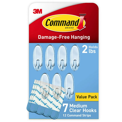 Command - Ganchos de pared transparentes medianos, 7 ganchos de pared y 12 tiras de mando, sin daños para colgar con calcomanía, ideal para colgar la decoración del hogar, soporta hasta 2 libras - Claro - 7 Hooks